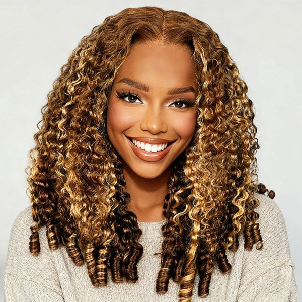 Burmese Curly Glueless Wig 4/27 Highlight Color Pre Cut 9x6 Lace Elastic Drawstring Wear Go Wig
