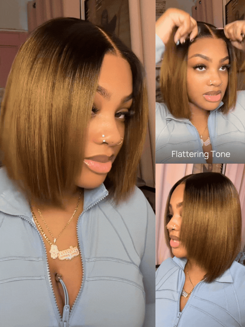 7x5 Chestnut Brown Ombre Yaki Straight Bob Wig Pre-Bleached Natural Looking Glueless Wig