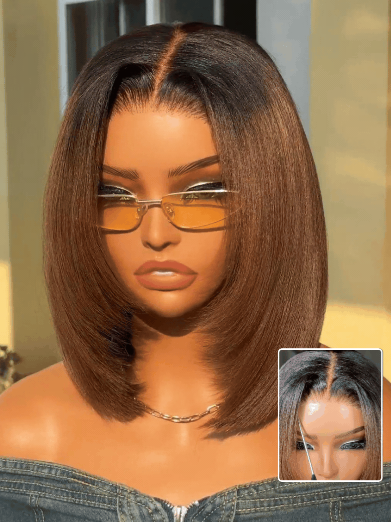 7x5 Chestnut Brown Ombre Yaki Straight Bob Wig Pre-Bleached Natural Looking Glueless Wig