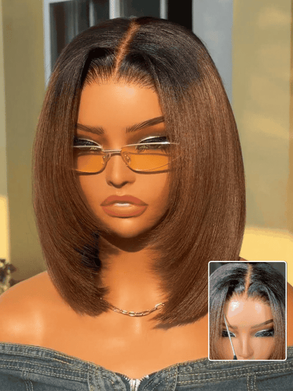 7x5 Chestnut Brown Ombre Yaki Straight Bob Wig Pre-Bleached Natural Looking Glueless Wig