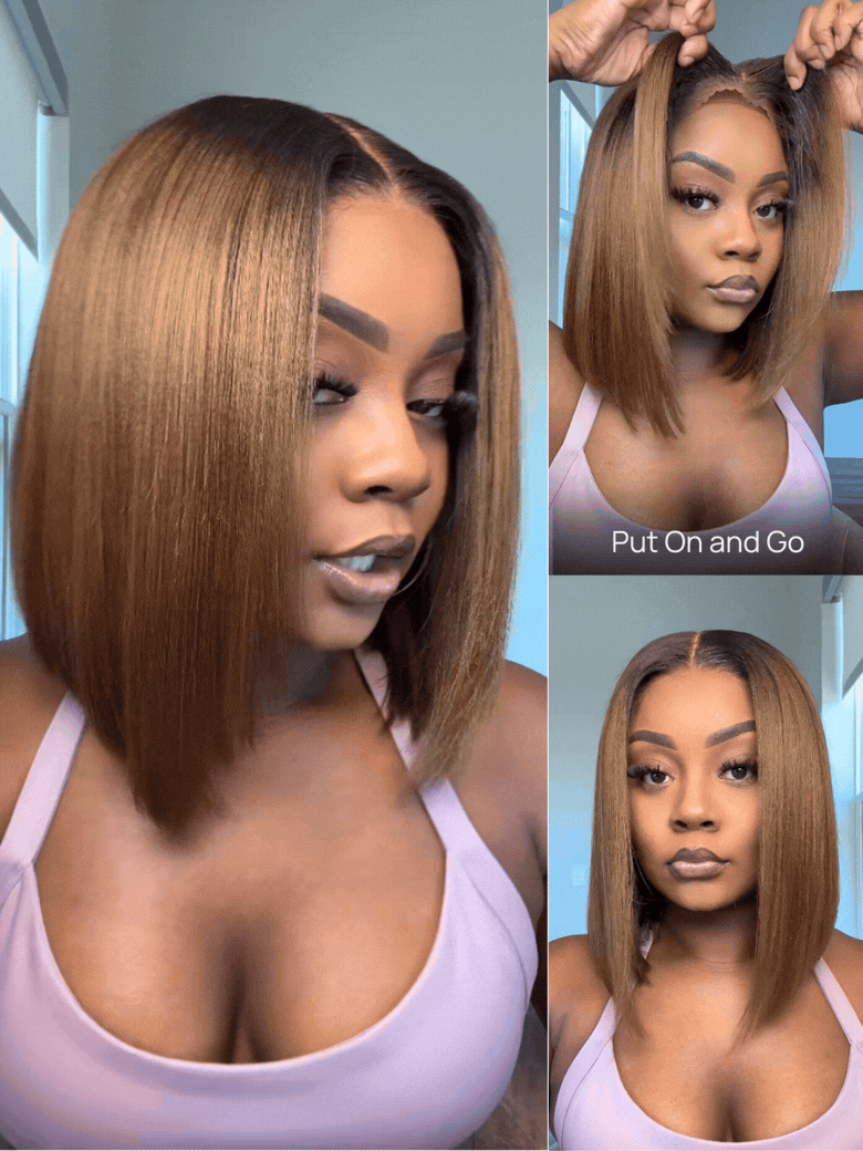 7x5 Chestnut Brown Ombre Yaki Straight Bob Wig Pre-Bleached Natural Looking Glueless Wig